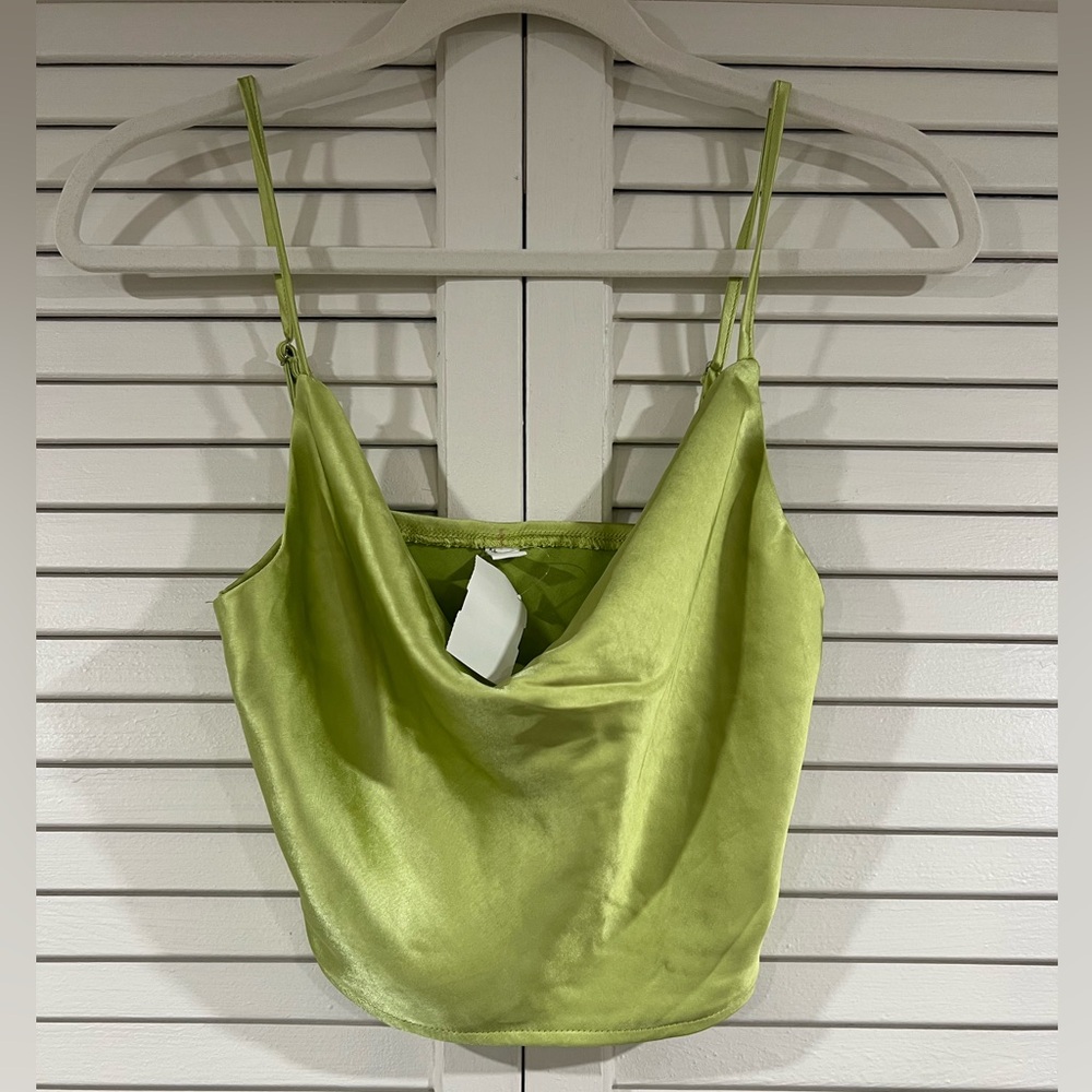 Lime Green Satin Cowl Neck Crop Top